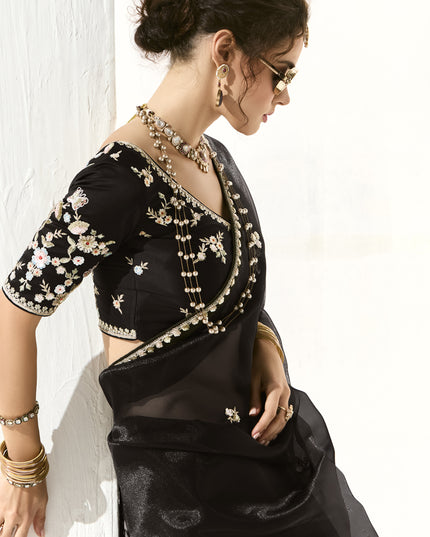 Pretty Black Tissue Embroidered Designer Wedding Saree