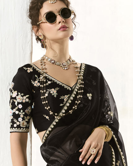 Pretty Black Tissue Embroidered Designer Wedding Saree