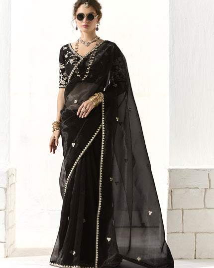 Pretty Black Tissue Embroidered Designer Wedding Saree