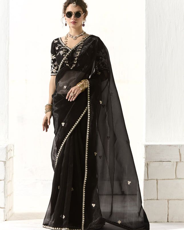 Pretty Black Tissue Embroidered Designer Wedding Saree