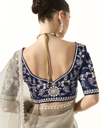 Magnetic Ash Grey Tissue Embroidered Designer Wedding Saree