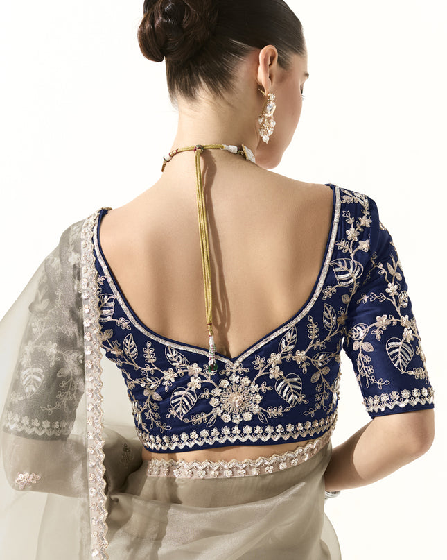 Magnetic Ash Grey Tissue Embroidered Designer Wedding Saree