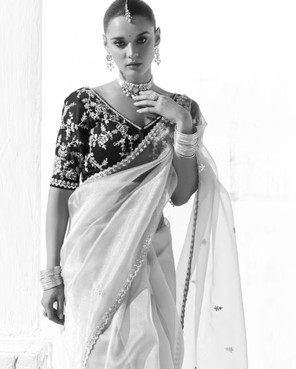 Magnetic Ash Grey Tissue Embroidered Designer Wedding Saree