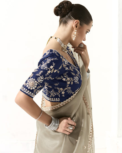 Magnetic Ash Grey Tissue Embroidered Designer Wedding Saree