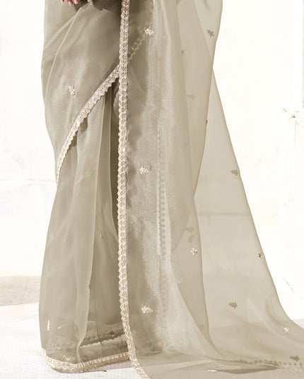 Magnetic Ash Grey Tissue Embroidered Designer Wedding Saree