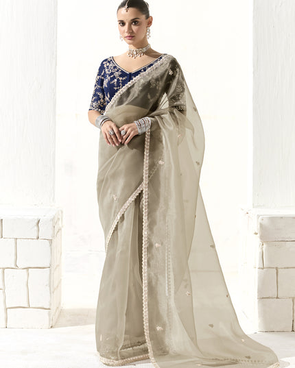Magnetic Ash Grey Tissue Embroidered Designer Wedding Saree