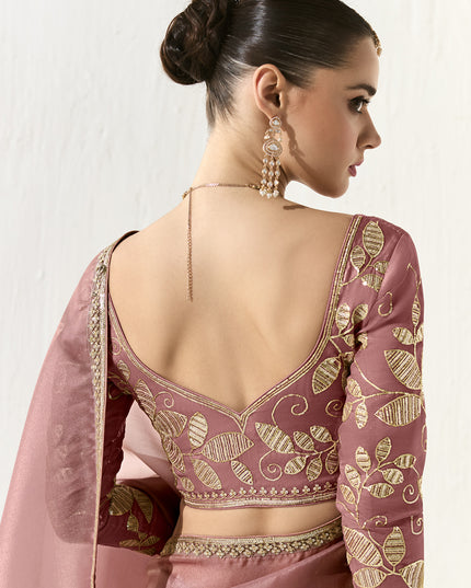 Lovely Old Rose Tissue Embroidered Designer Wedding Saree