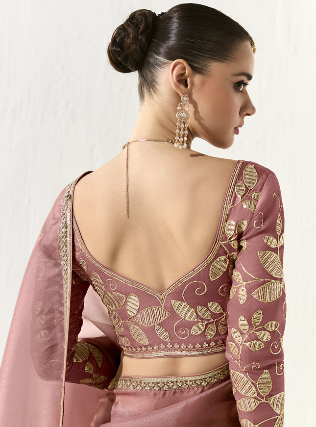 Lovely Old Rose Tissue Embroidered Designer Wedding Saree