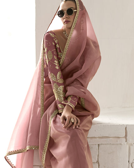 Lovely Old Rose Tissue Embroidered Designer Wedding Saree
