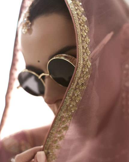 Lovely Old Rose Tissue Embroidered Designer Wedding Saree