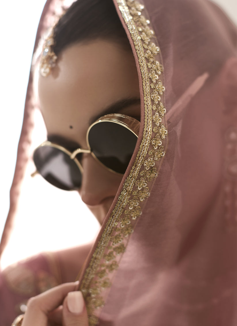 Lovely Old Rose Tissue Embroidered Designer Wedding Saree