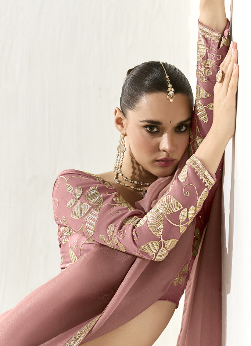 Lovely Old Rose Tissue Embroidered Designer Wedding Saree