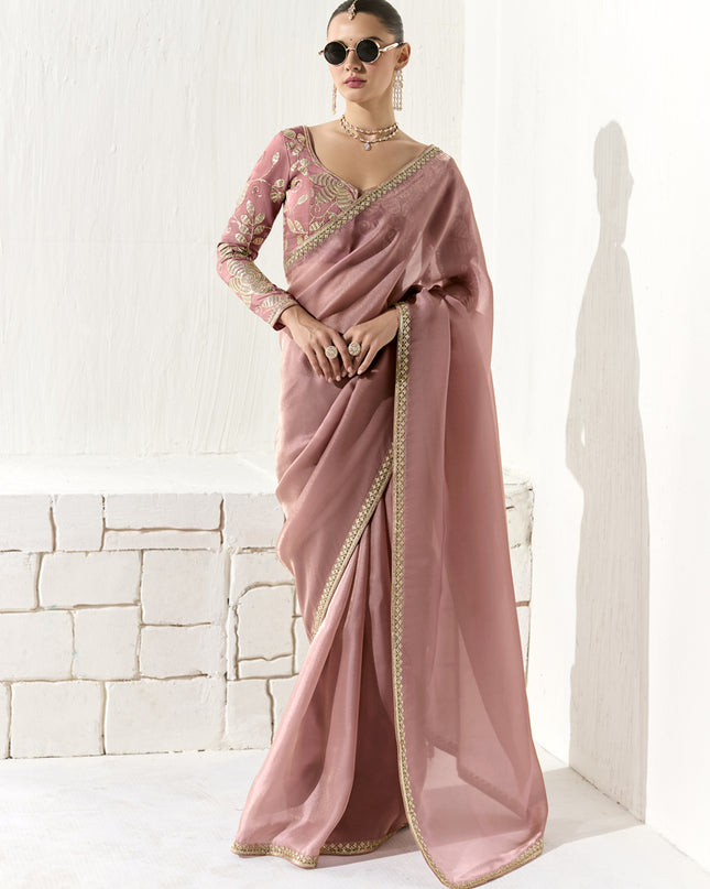 Lovely Old Rose Tissue Embroidered Designer Wedding Saree