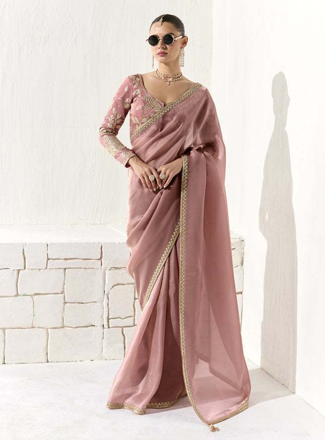 Lovely Old Rose Tissue Embroidered Designer Wedding Saree