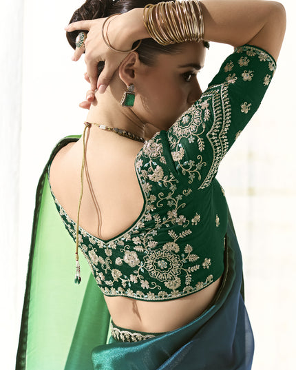 Awesome Emerald Green and Peacock Blue Tissue Embroidered Designer Wedding Saree