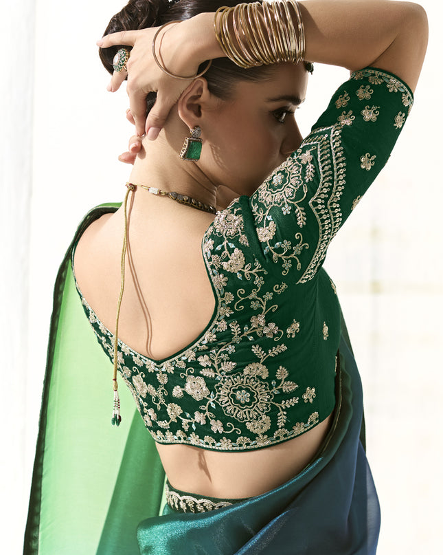 Awesome Emerald Green and Peacock Blue Tissue Embroidered Designer Wedding Saree