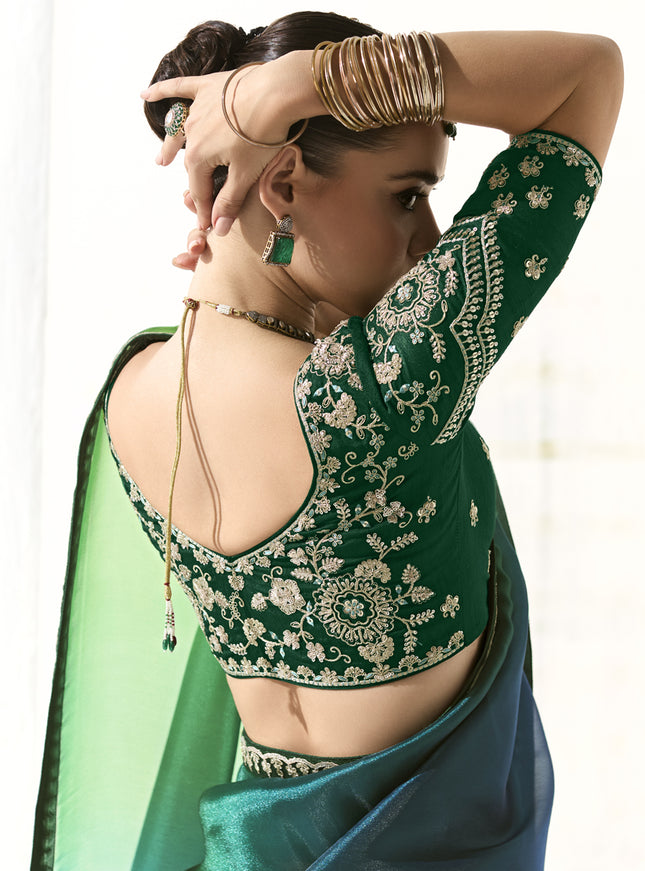 Awesome Emerald Green and Peacock Blue Tissue Embroidered Designer Wedding Saree