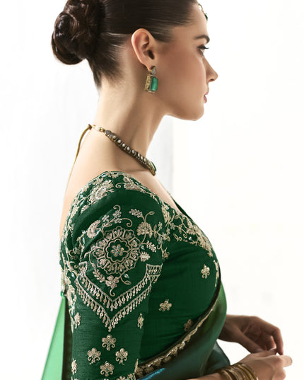 Awesome Emerald Green and Peacock Blue Tissue Embroidered Designer Wedding Saree