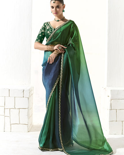 Awesome Emerald Green and Peacock Blue Tissue Embroidered Designer Wedding Saree