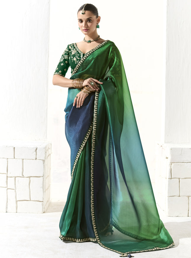 Awesome Emerald Green and Peacock Blue Tissue Embroidered Designer Wedding Saree