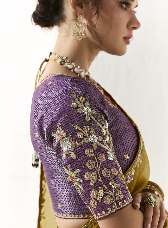 Glamorous Maize Yellow Tissue Embroidered Designer Wedding Saree