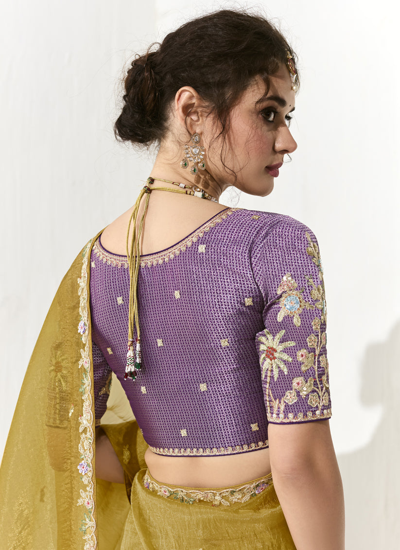 Glamorous Maize Yellow Tissue Embroidered Designer Wedding Saree
