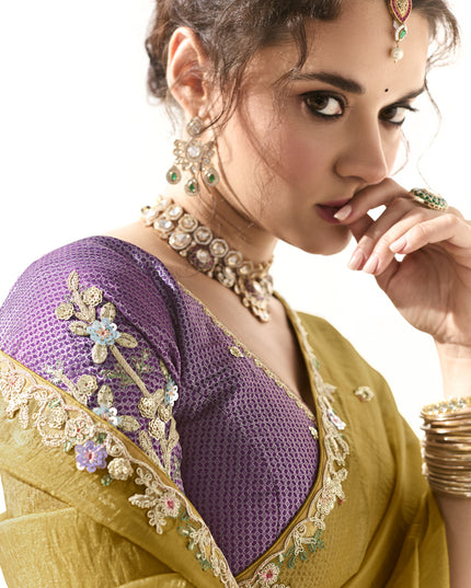 Glamorous Maize Yellow Tissue Embroidered Designer Wedding Saree