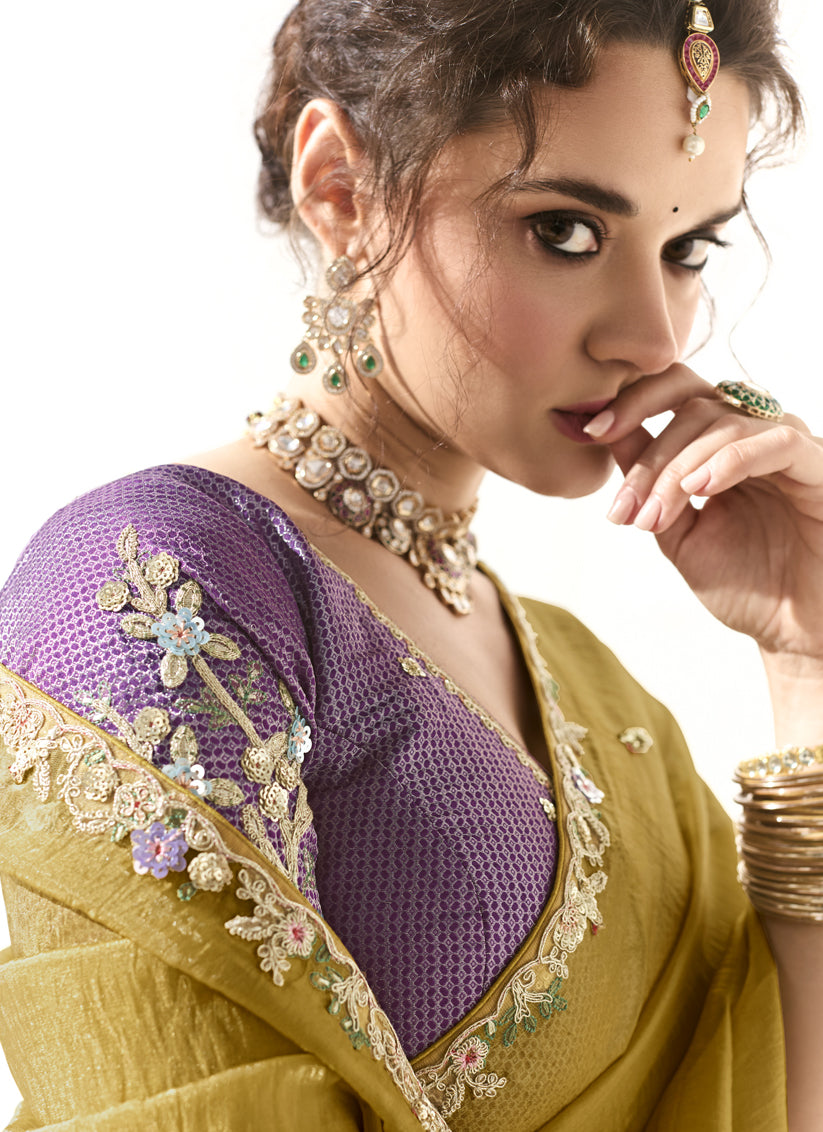 Glamorous Maize Yellow Tissue Embroidered Designer Wedding Saree