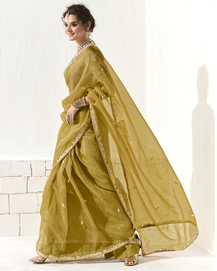 Glamorous Maize Yellow Tissue Embroidered Designer Wedding Saree