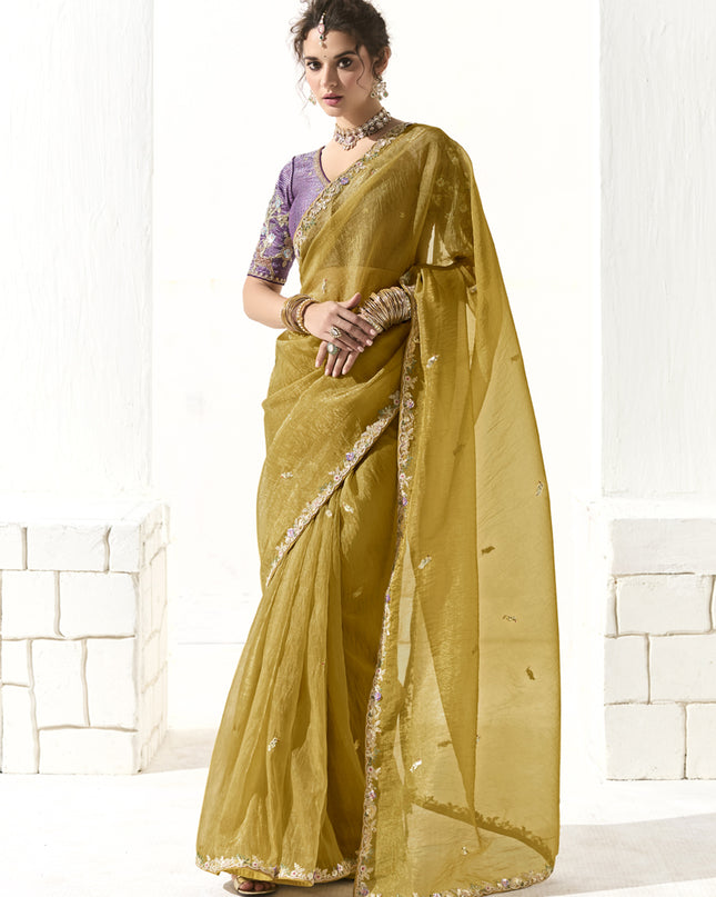 Glamorous Maize Yellow Tissue Embroidered Designer Wedding Saree