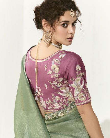 Marvelous Mint Green Tissue Embroidered Designer Wedding Saree