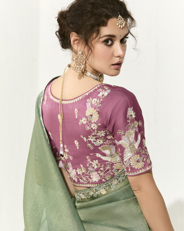 Marvelous Mint Green Tissue Embroidered Designer Wedding Saree