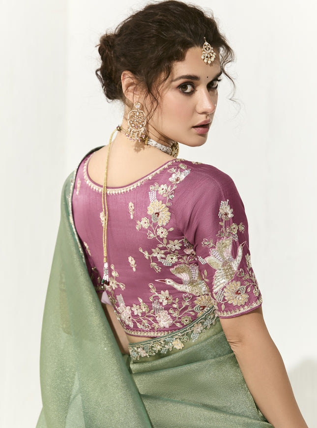 Marvelous Mint Green Tissue Embroidered Designer Wedding Saree