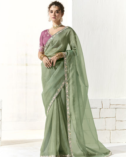 Marvelous Mint Green Tissue Embroidered Designer Wedding Saree