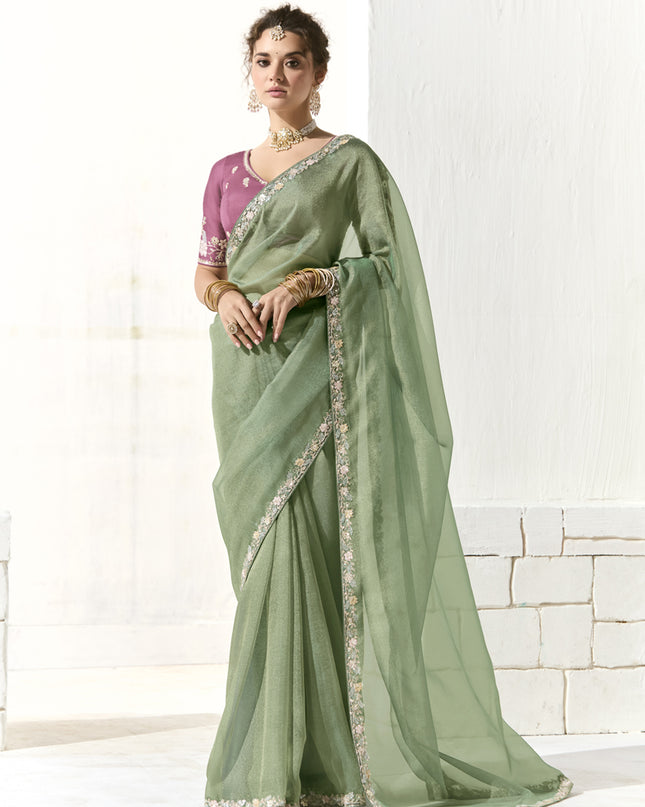 Marvelous Mint Green Tissue Embroidered Designer Wedding Saree
