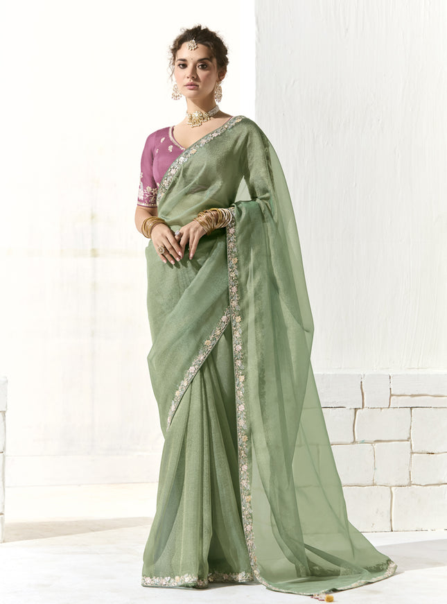 Marvelous Mint Green Tissue Embroidered Designer Wedding Saree