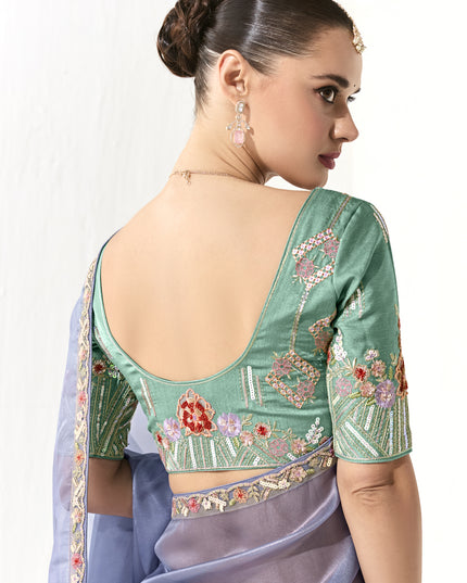Stunning Periwinkle Tissue Embroidered Designer Wedding Saree
