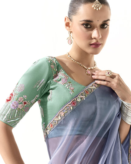 Stunning Periwinkle Tissue Embroidered Designer Wedding Saree
