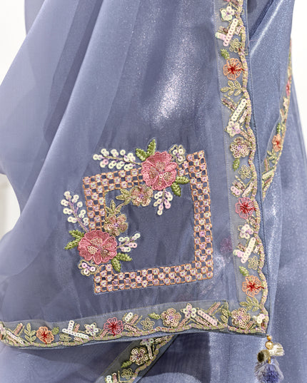 Stunning Periwinkle Tissue Embroidered Designer Wedding Saree