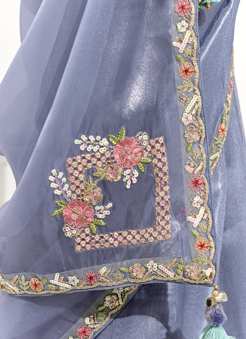 Stunning Periwinkle Tissue Embroidered Designer Wedding Saree