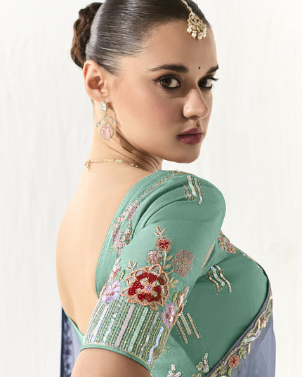 Stunning Periwinkle Tissue Embroidered Designer Wedding Saree