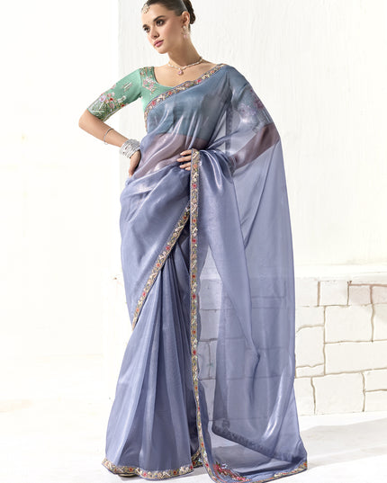 Stunning Periwinkle Tissue Embroidered Designer Wedding Saree