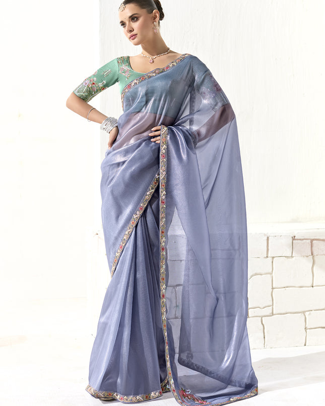 Stunning Periwinkle Tissue Embroidered Designer Wedding Saree