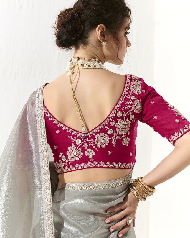 Wonderful Silver Tissue Embroidered Designer Wedding Saree