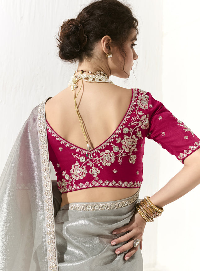 Wonderful Silver Tissue Embroidered Designer Wedding Saree