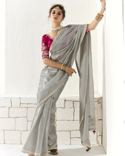 Wonderful Silver Tissue Embroidered Designer Wedding Saree
