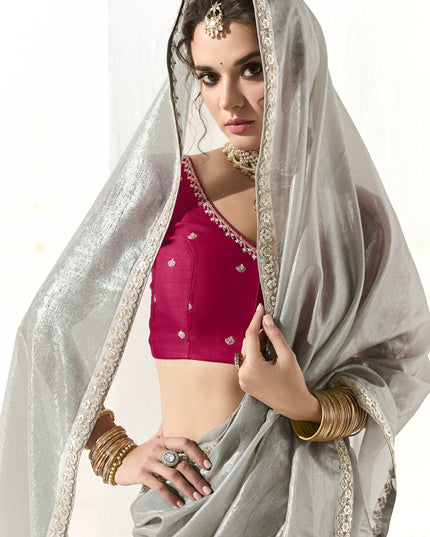 Wonderful Silver Tissue Embroidered Designer Wedding Saree
