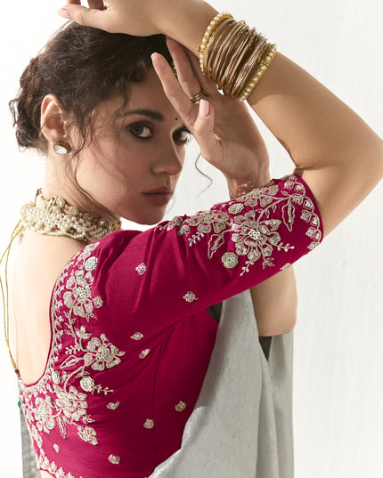 Wonderful Silver Tissue Embroidered Designer Wedding Saree