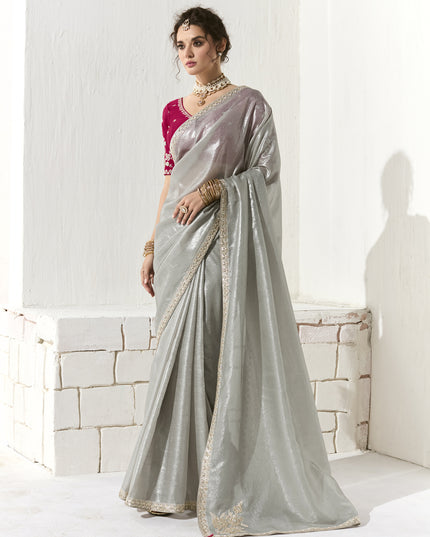 Wonderful Silver Tissue Embroidered Designer Wedding Saree