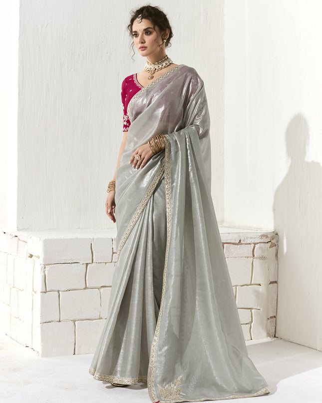 Wonderful Silver Tissue Embroidered Designer Wedding Saree